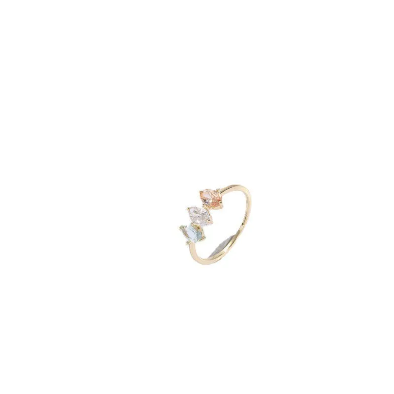 Mother's Day birthstone ring with geometric triangle design and horse eye tricolour zircon stones in 14k gold colour