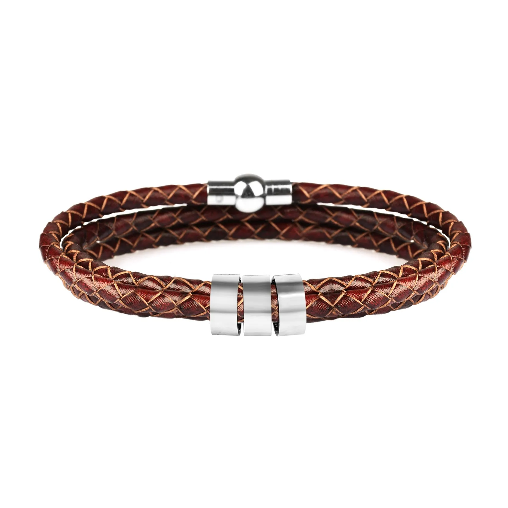 Black braided rope bracelet with stainless steel letter beads, 5mm height, 12mm diameter, 62cm length