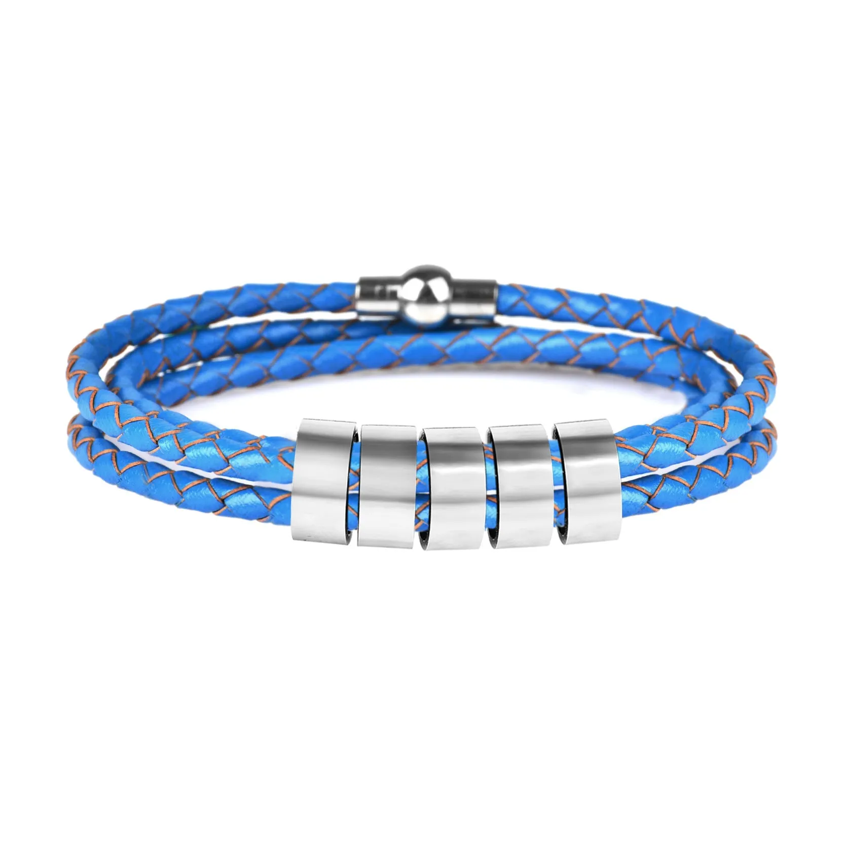Black braided rope bracelet with stainless steel letter beads, 5mm height, 12mm diameter, 62cm length