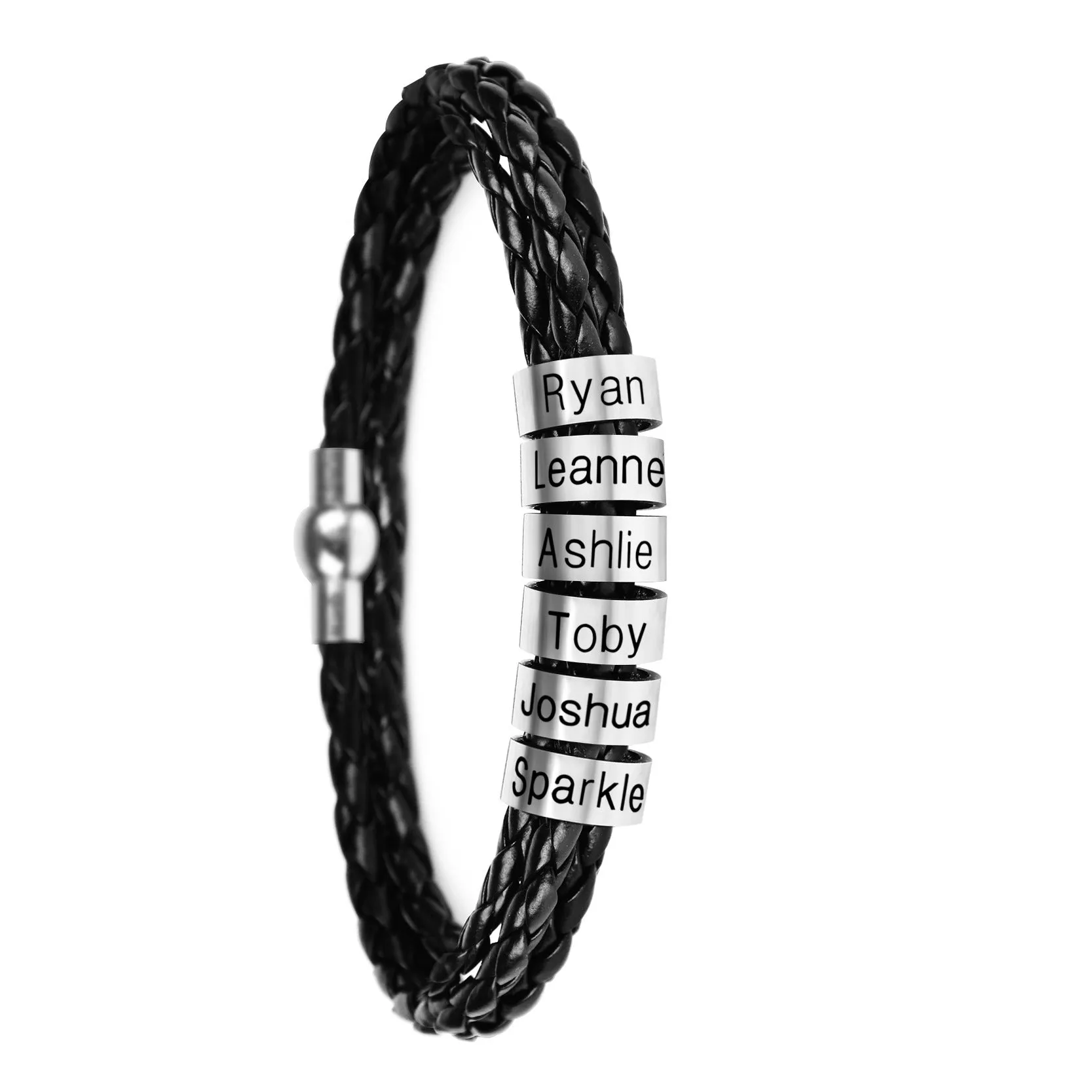 Black braided rope bracelet with stainless steel letter beads, 5mm height, 12mm diameter, 62cm length