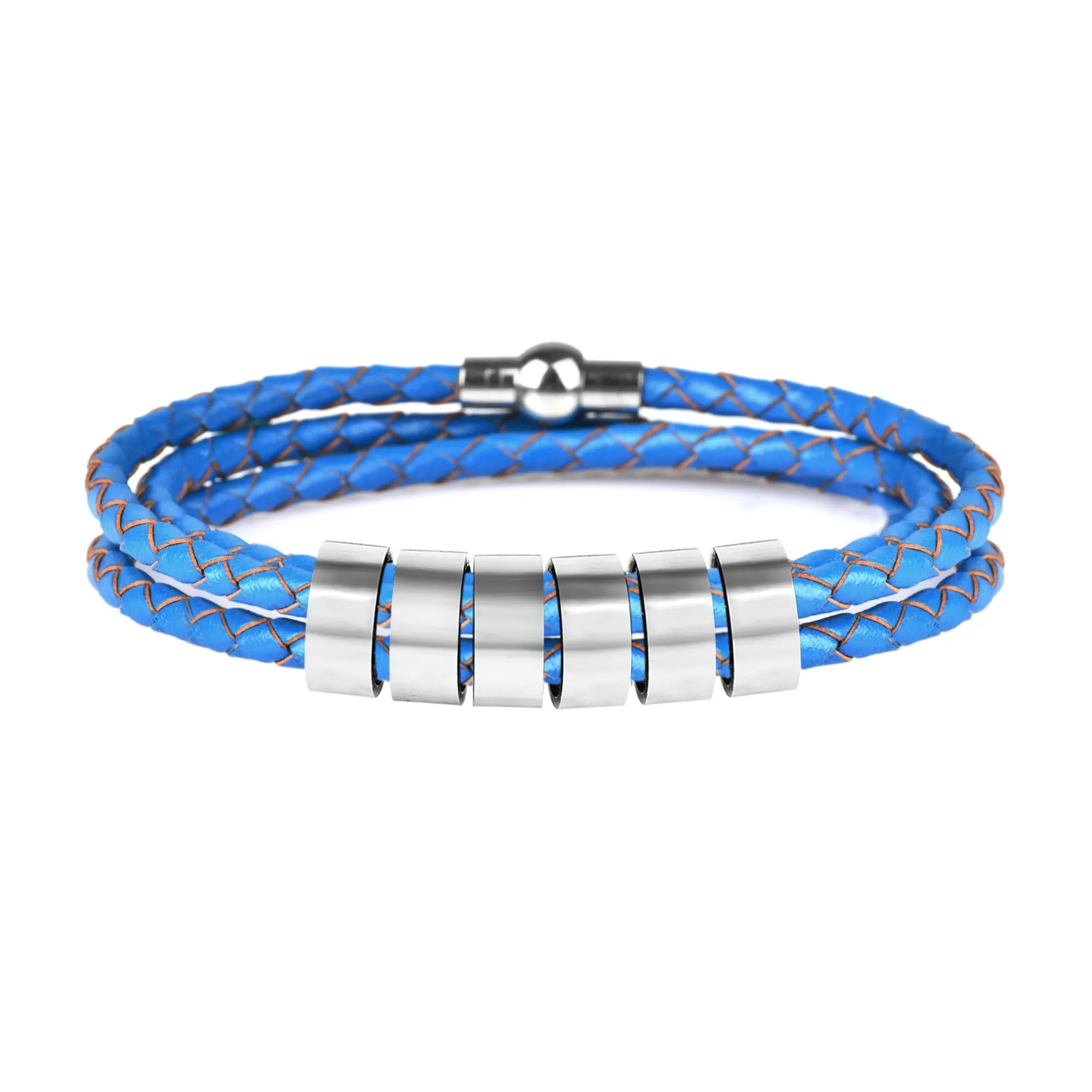 Black braided rope bracelet with stainless steel letter beads, 5mm height, 12mm diameter, 62cm length