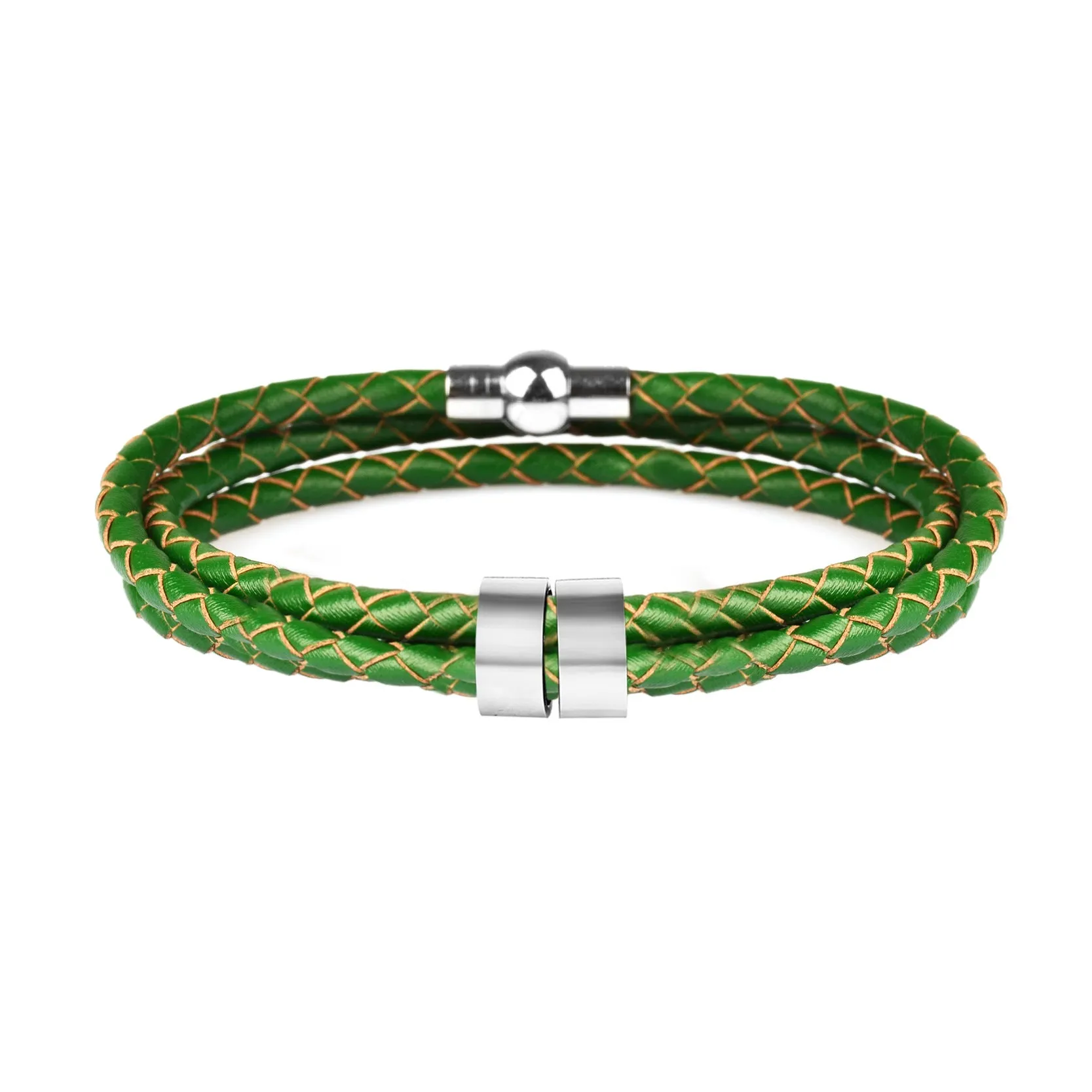 Black braided rope bracelet with stainless steel letter beads, 5mm height, 12mm diameter, 62cm length