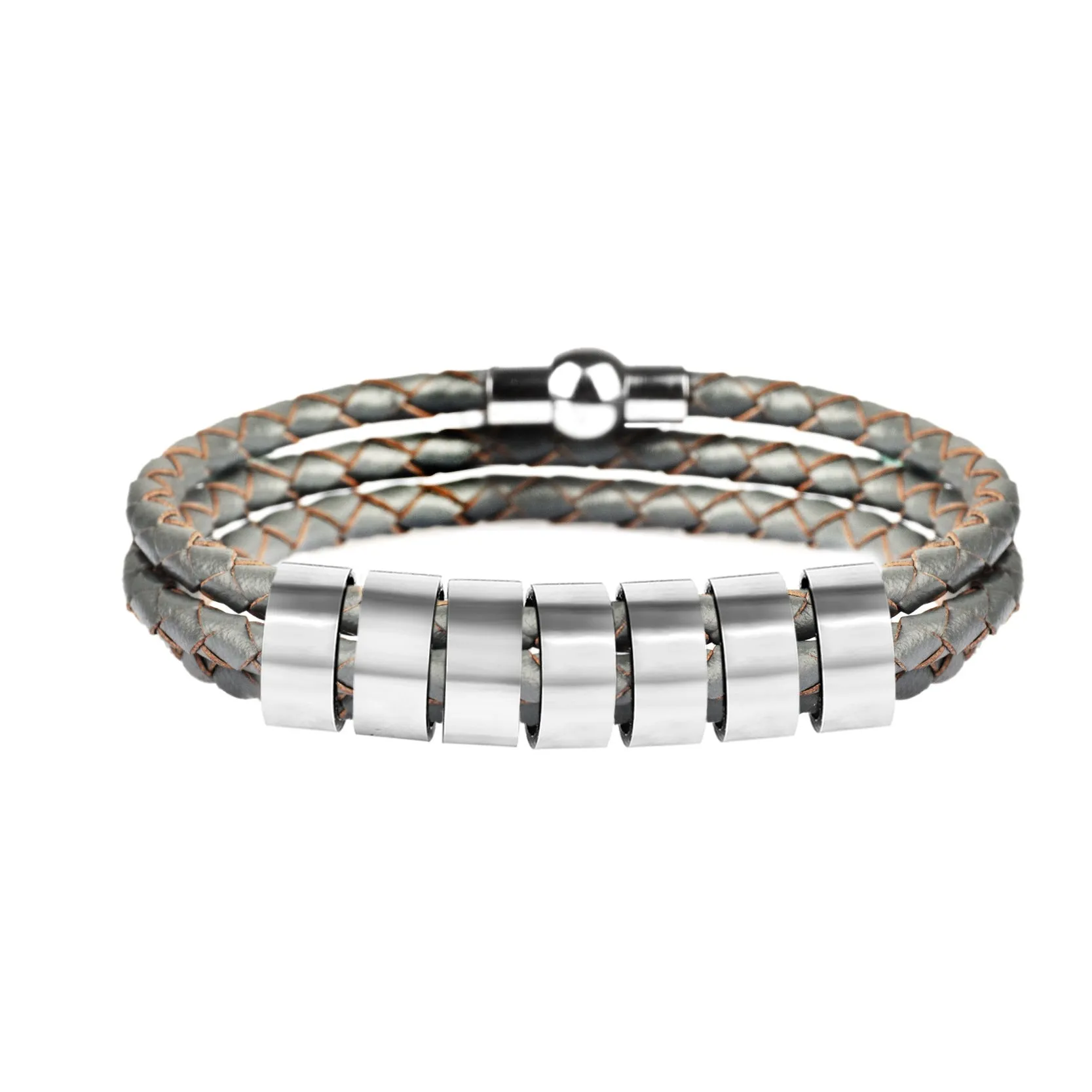 Black braided rope bracelet with stainless steel letter beads, 5mm height, 12mm diameter, 62cm length