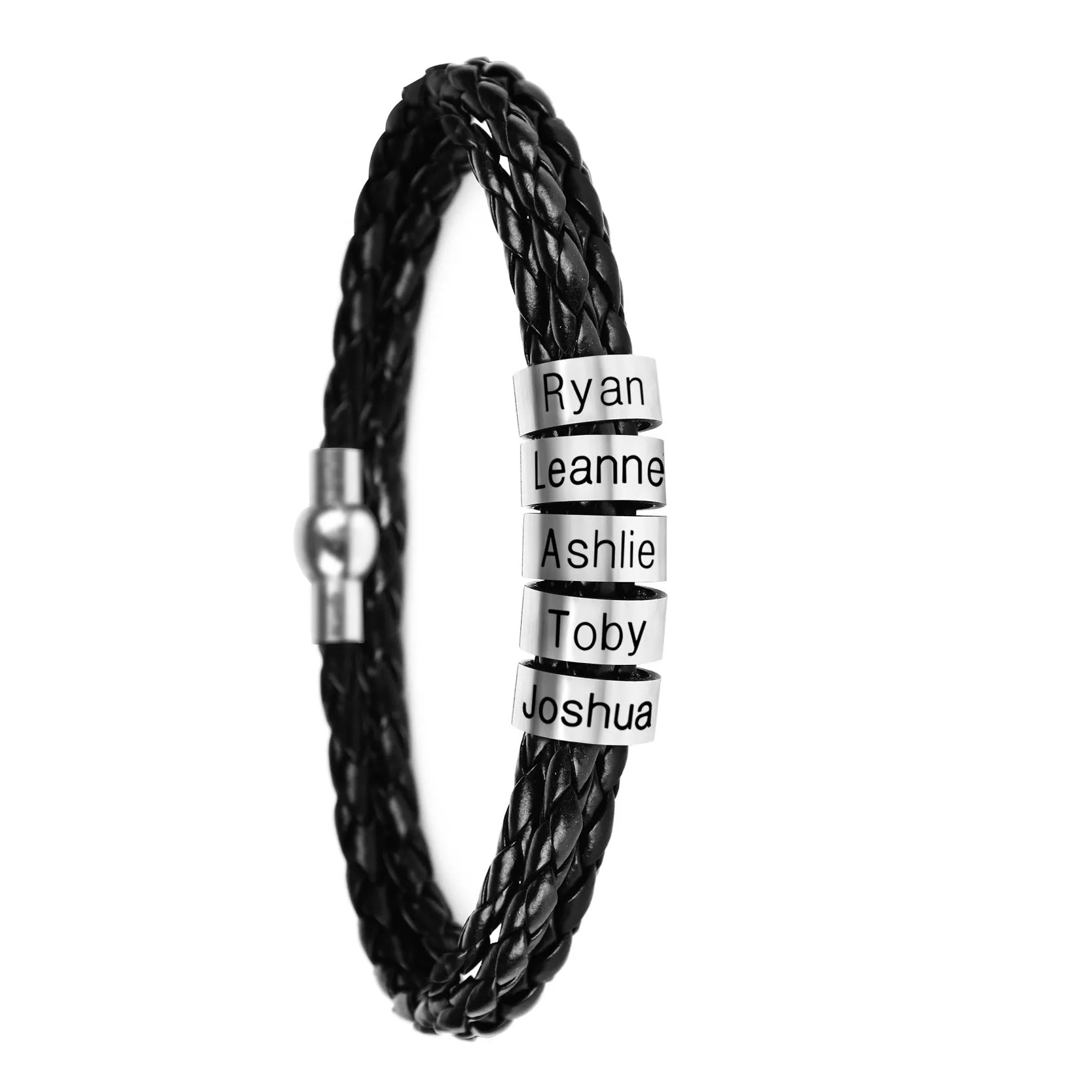 Black braided rope bracelet with stainless steel letter beads, 5mm height, 12mm diameter, 62cm length