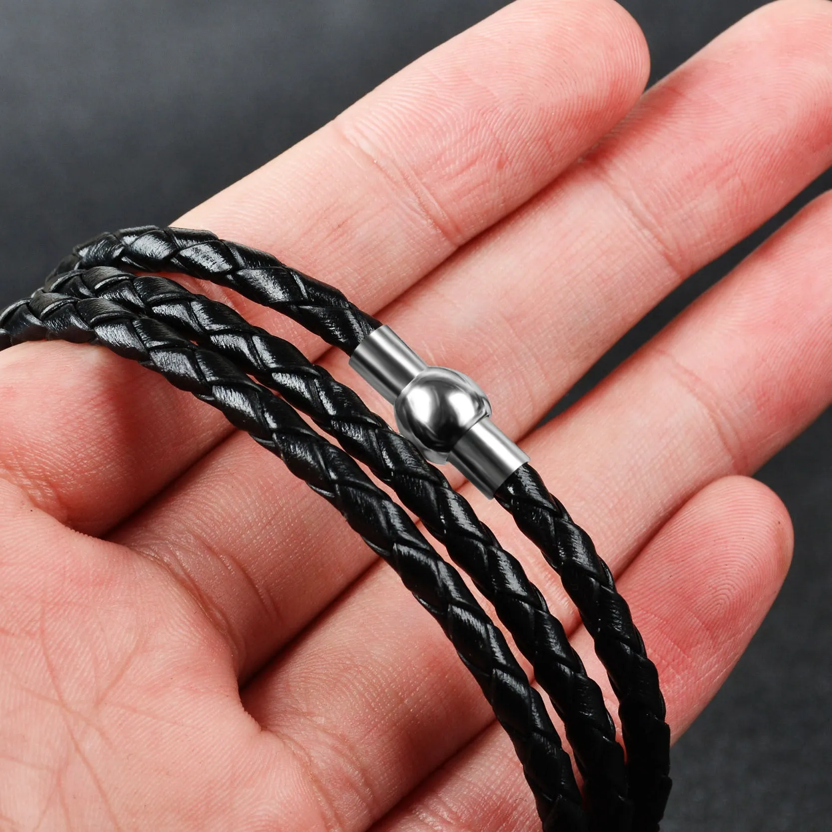 Black braided rope bracelet with stainless steel letter beads, 5mm height, 12mm diameter, 62cm length