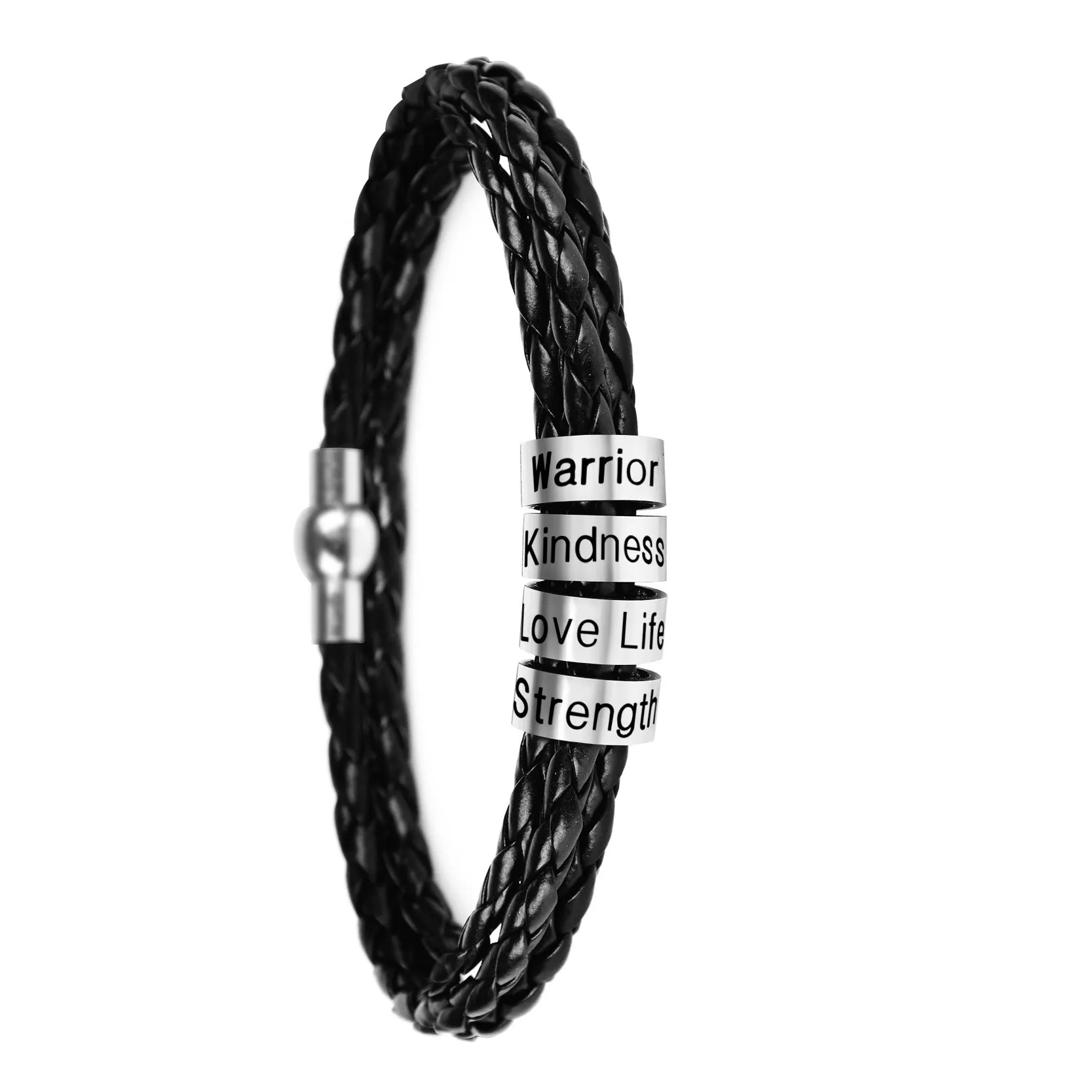 Black braided rope bracelet with stainless steel letter beads, 5mm height, 12mm diameter, 62cm length