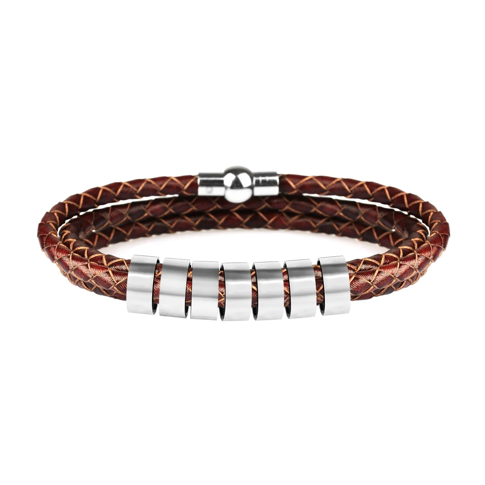 Black braided rope bracelet with stainless steel letter beads, 5mm height, 12mm diameter, 62cm length
