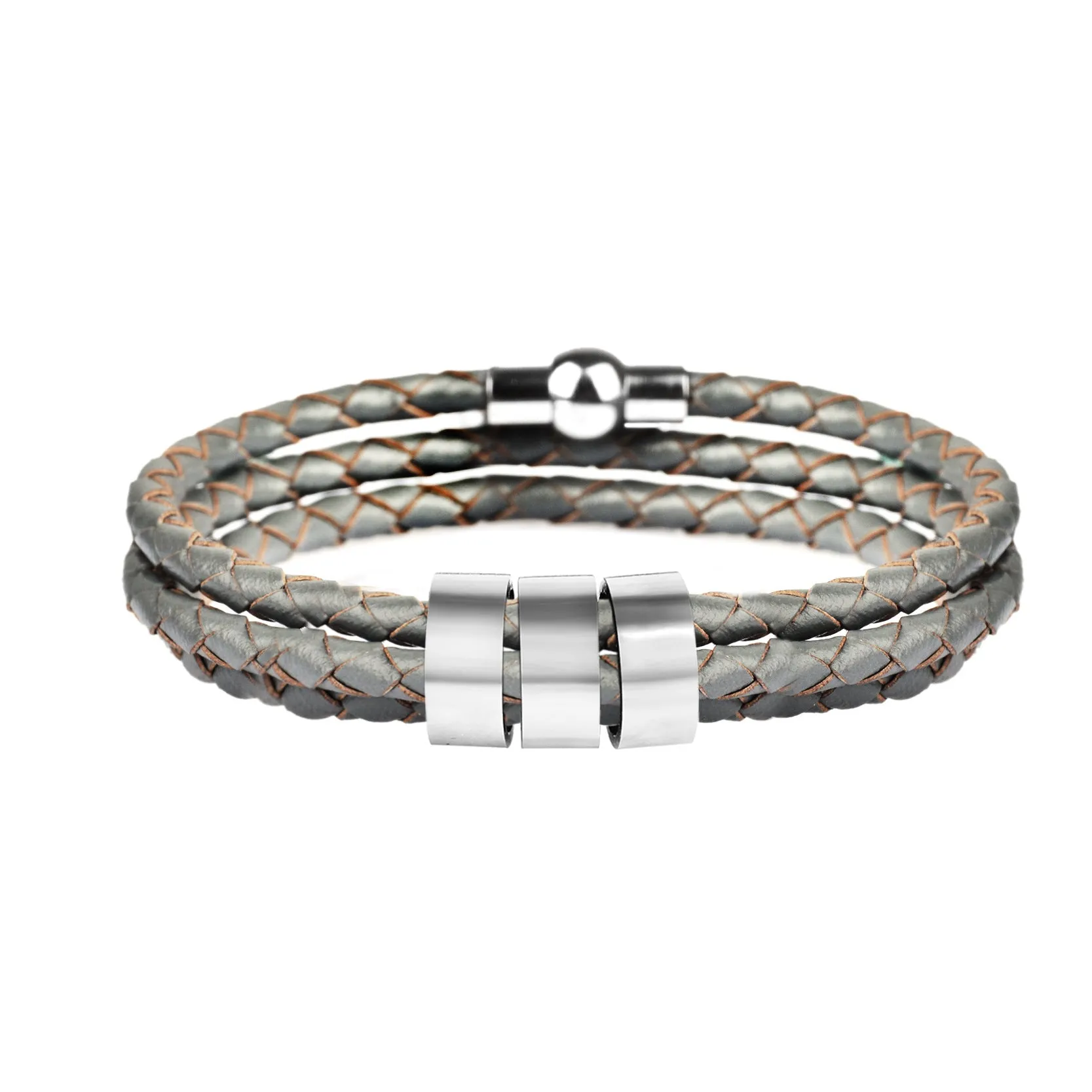 Black braided rope bracelet with stainless steel letter beads, 5mm height, 12mm diameter, 62cm length