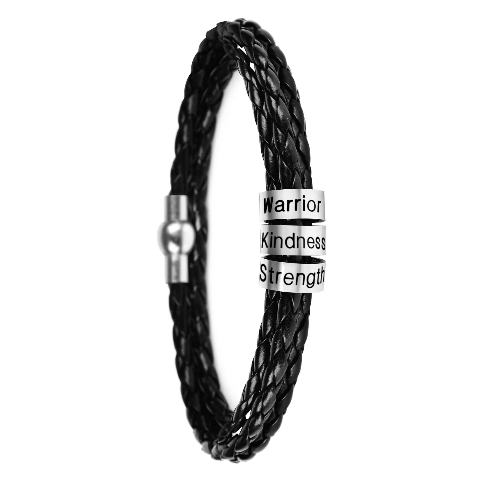 Black braided rope bracelet with stainless steel letter beads, 5mm height, 12mm diameter, 62cm length