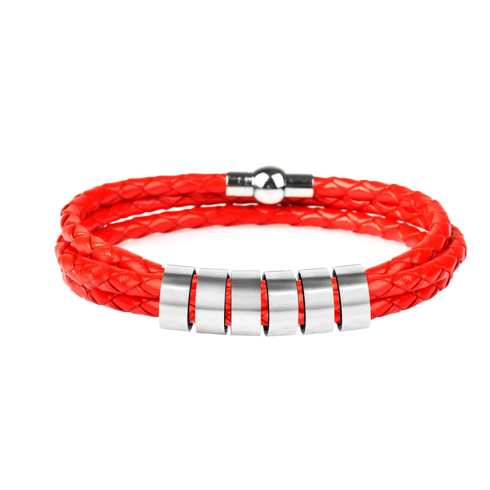 Black braided rope bracelet with stainless steel letter beads, 5mm height, 12mm diameter, 62cm length