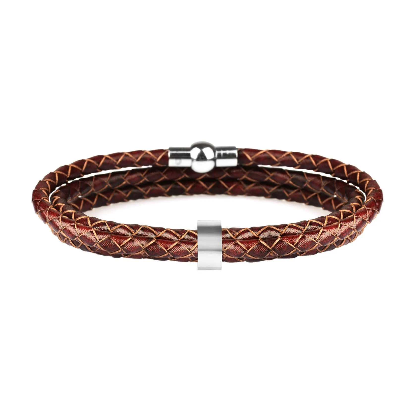 Black braided rope bracelet with stainless steel letter beads, 5mm height, 12mm diameter, 62cm length