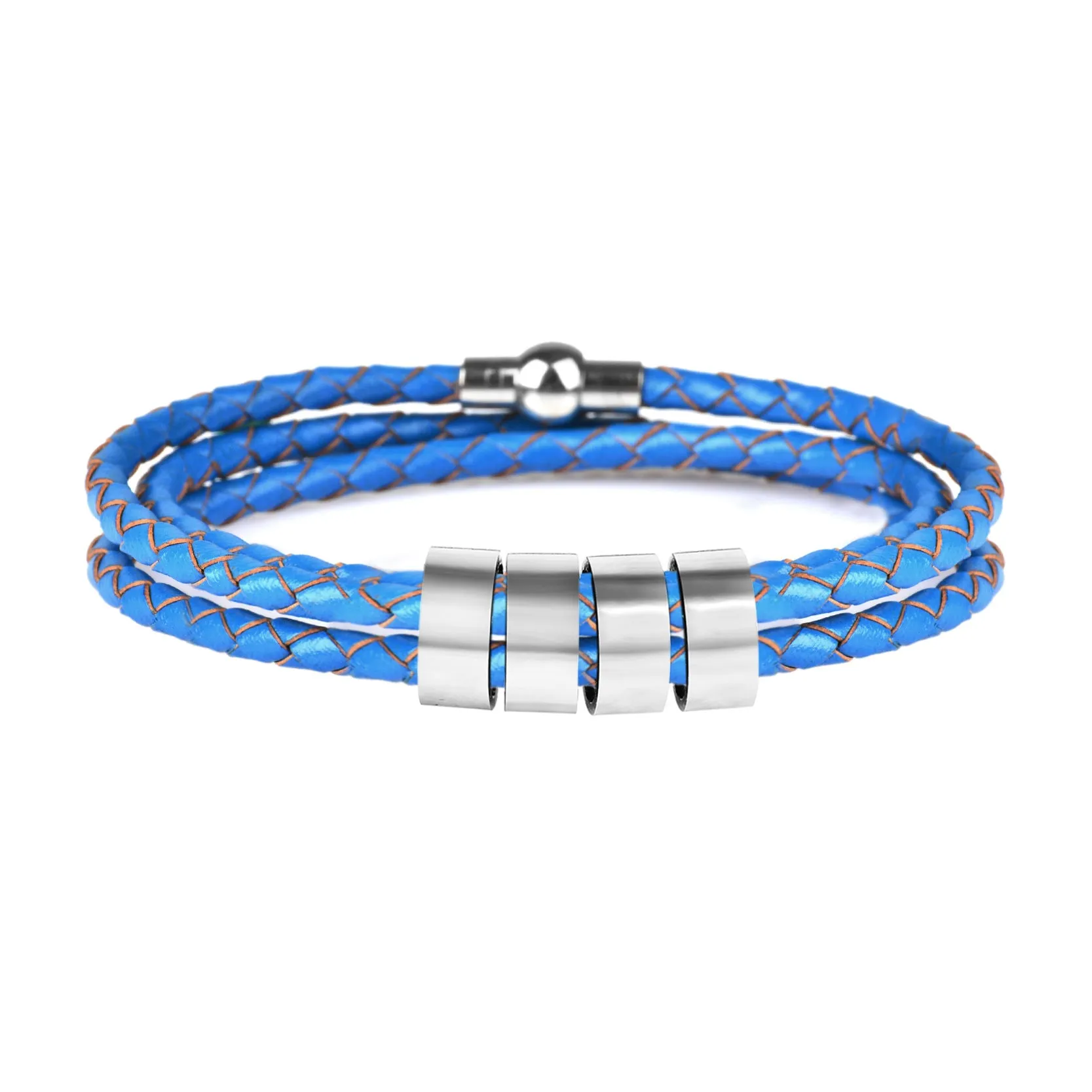 Black braided rope bracelet with stainless steel letter beads, 5mm height, 12mm diameter, 62cm length