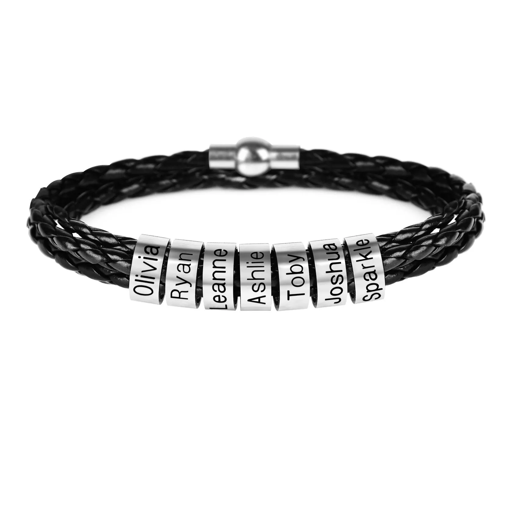 Black braided rope bracelet with stainless steel letter beads, 5mm height, 12mm diameter, 62cm length