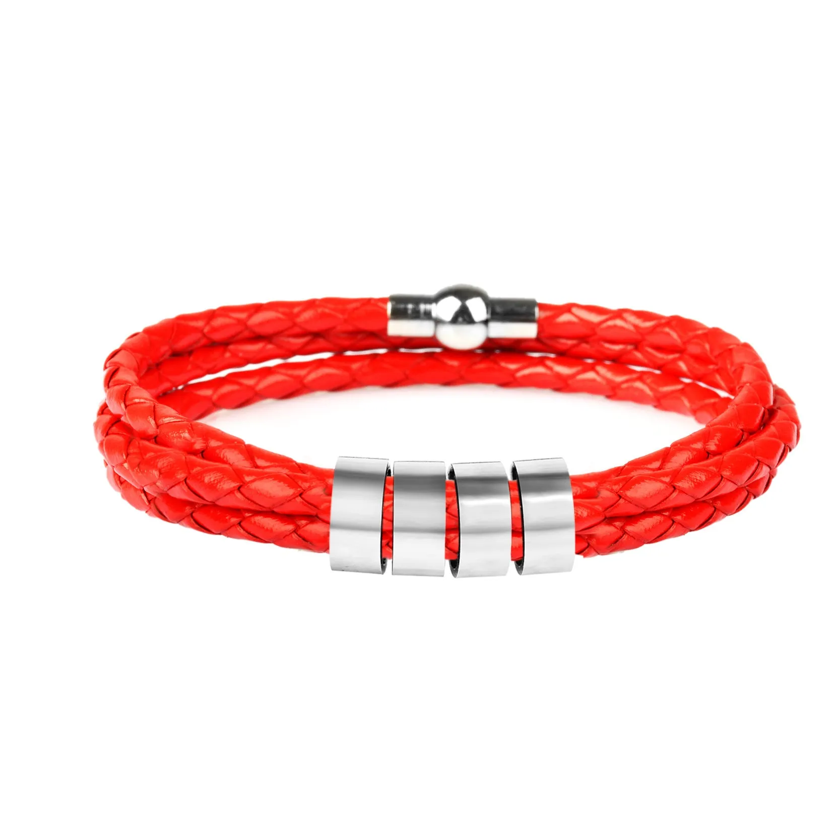 Black braided rope bracelet with stainless steel letter beads, 5mm height, 12mm diameter, 62cm length