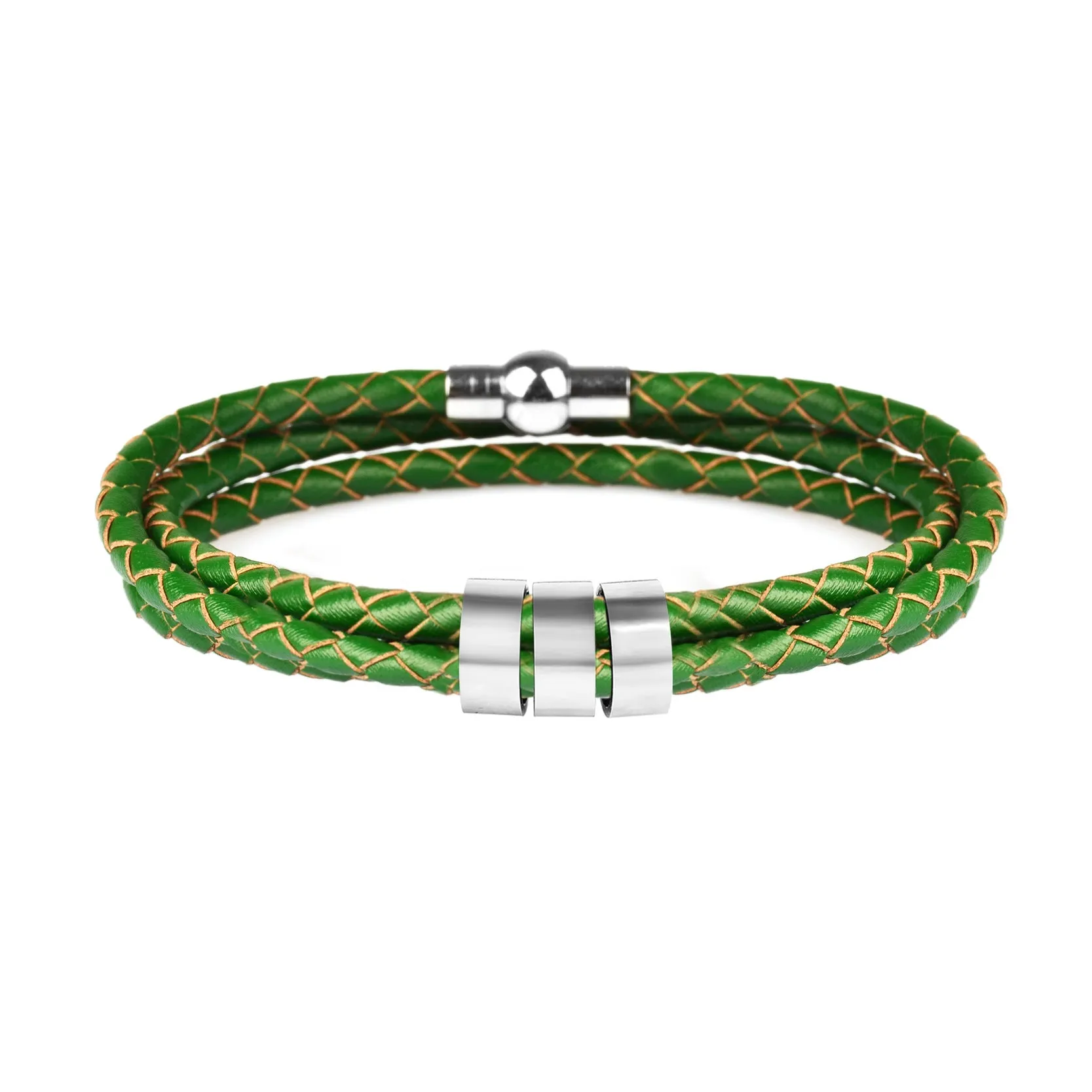Black braided rope bracelet with stainless steel letter beads, 5mm height, 12mm diameter, 62cm length