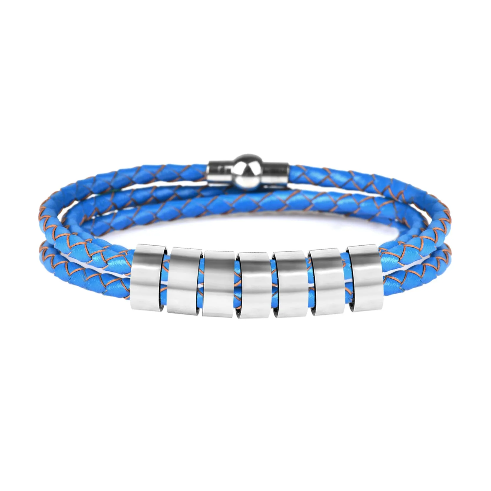 Black braided rope bracelet with stainless steel letter beads, 5mm height, 12mm diameter, 62cm length