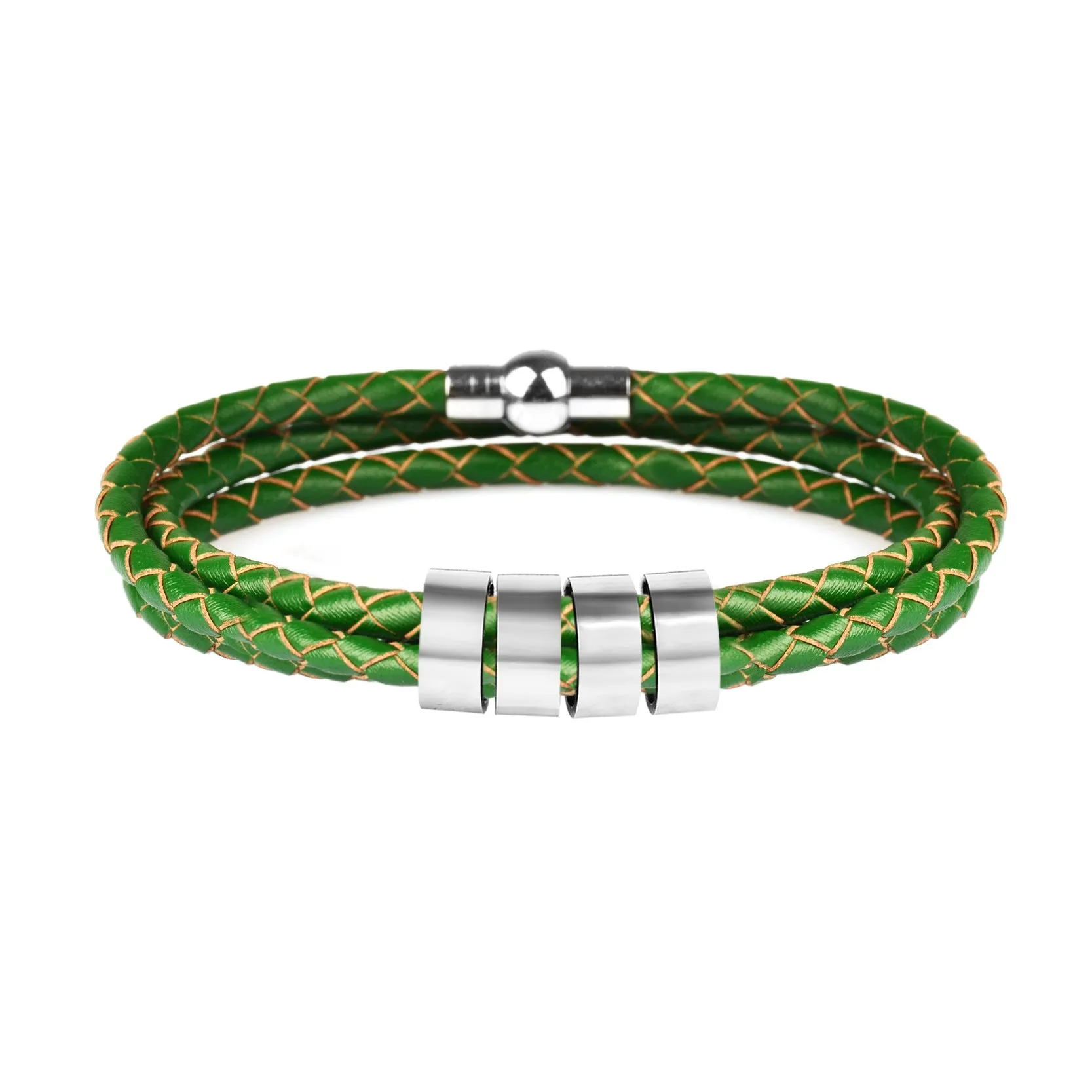 Black braided rope bracelet with stainless steel letter beads, 5mm height, 12mm diameter, 62cm length