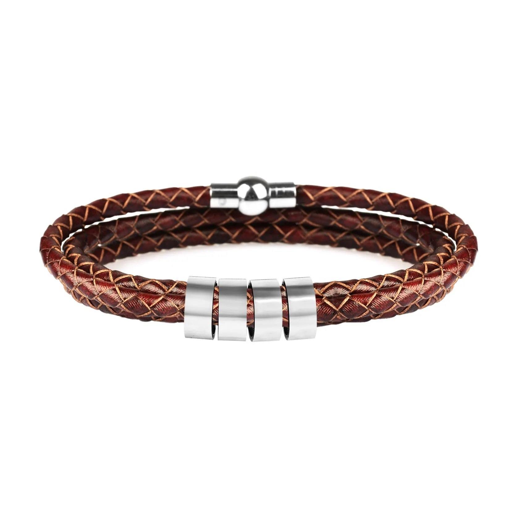 Black braided rope bracelet with stainless steel letter beads, 5mm height, 12mm diameter, 62cm length