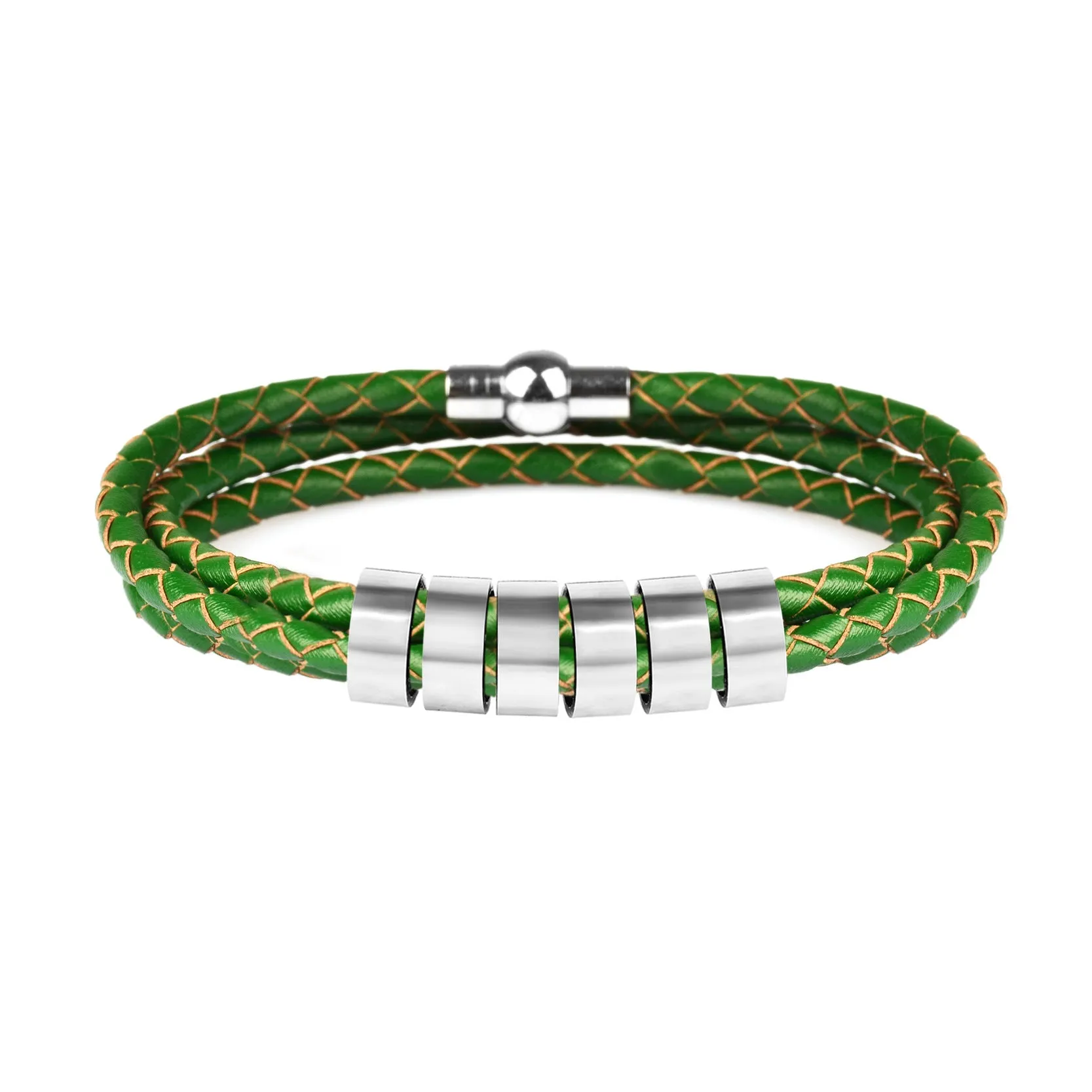 Black braided rope bracelet with stainless steel letter beads, 5mm height, 12mm diameter, 62cm length