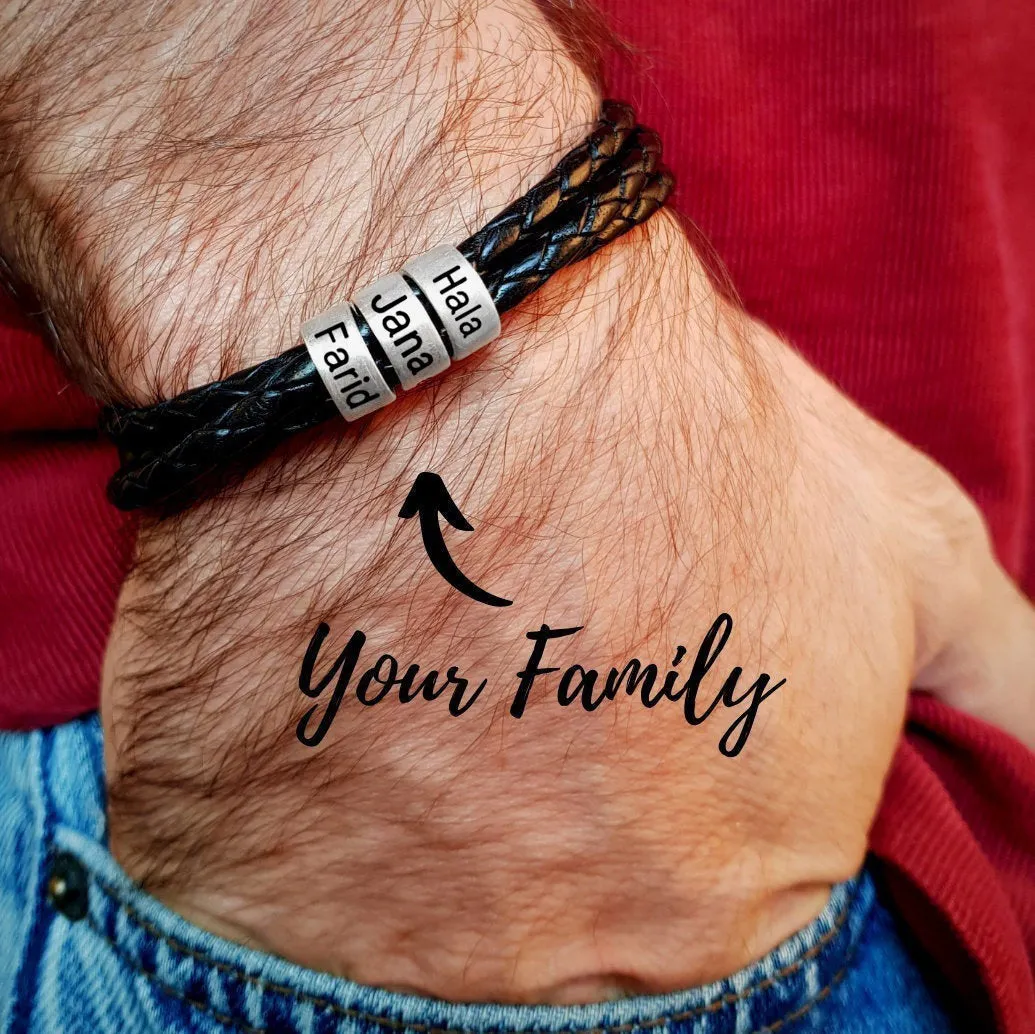 Black braided rope bracelet with stainless steel letter beads, 5mm height, 12mm diameter, 62cm length