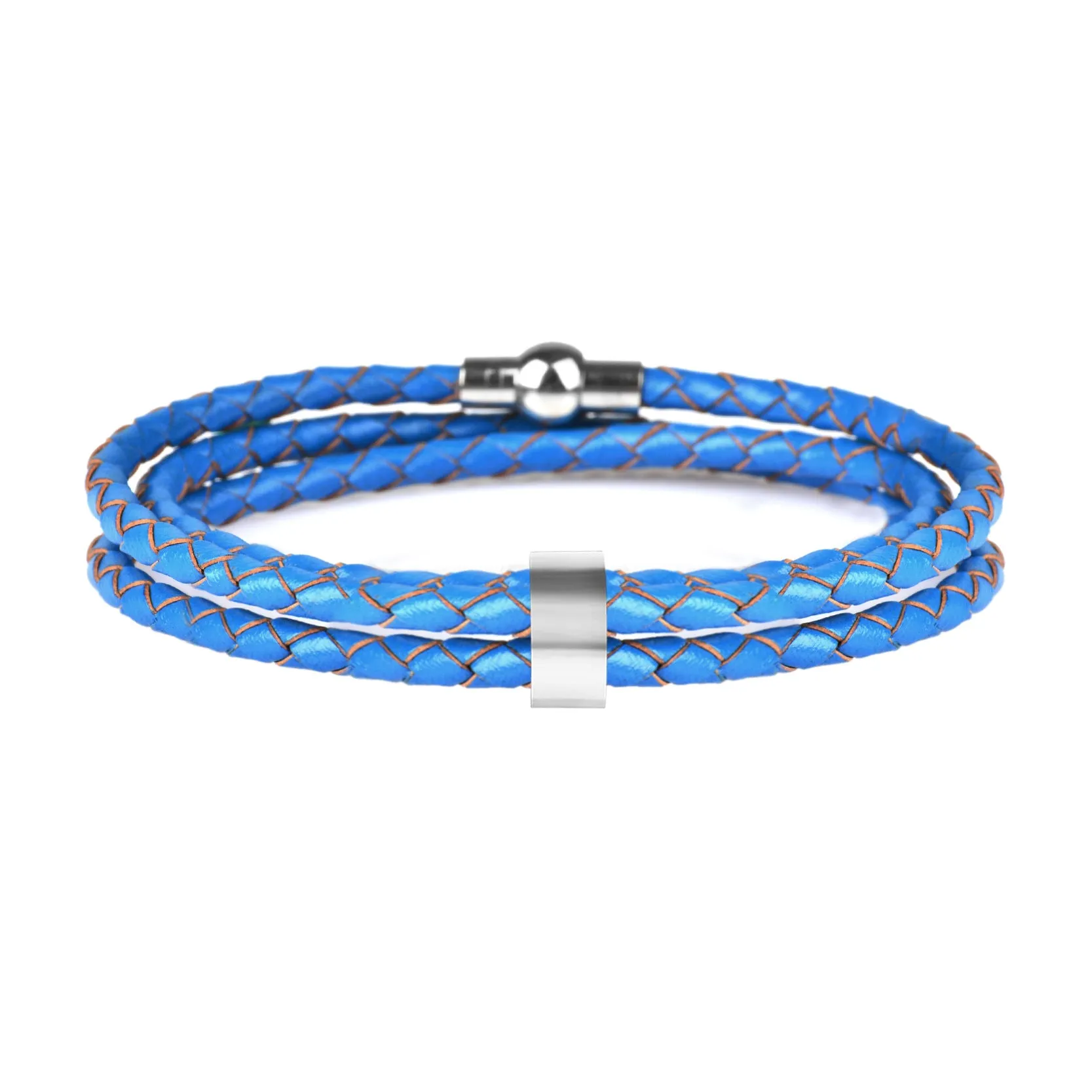 Black braided rope bracelet with stainless steel letter beads, 5mm height, 12mm diameter, 62cm length