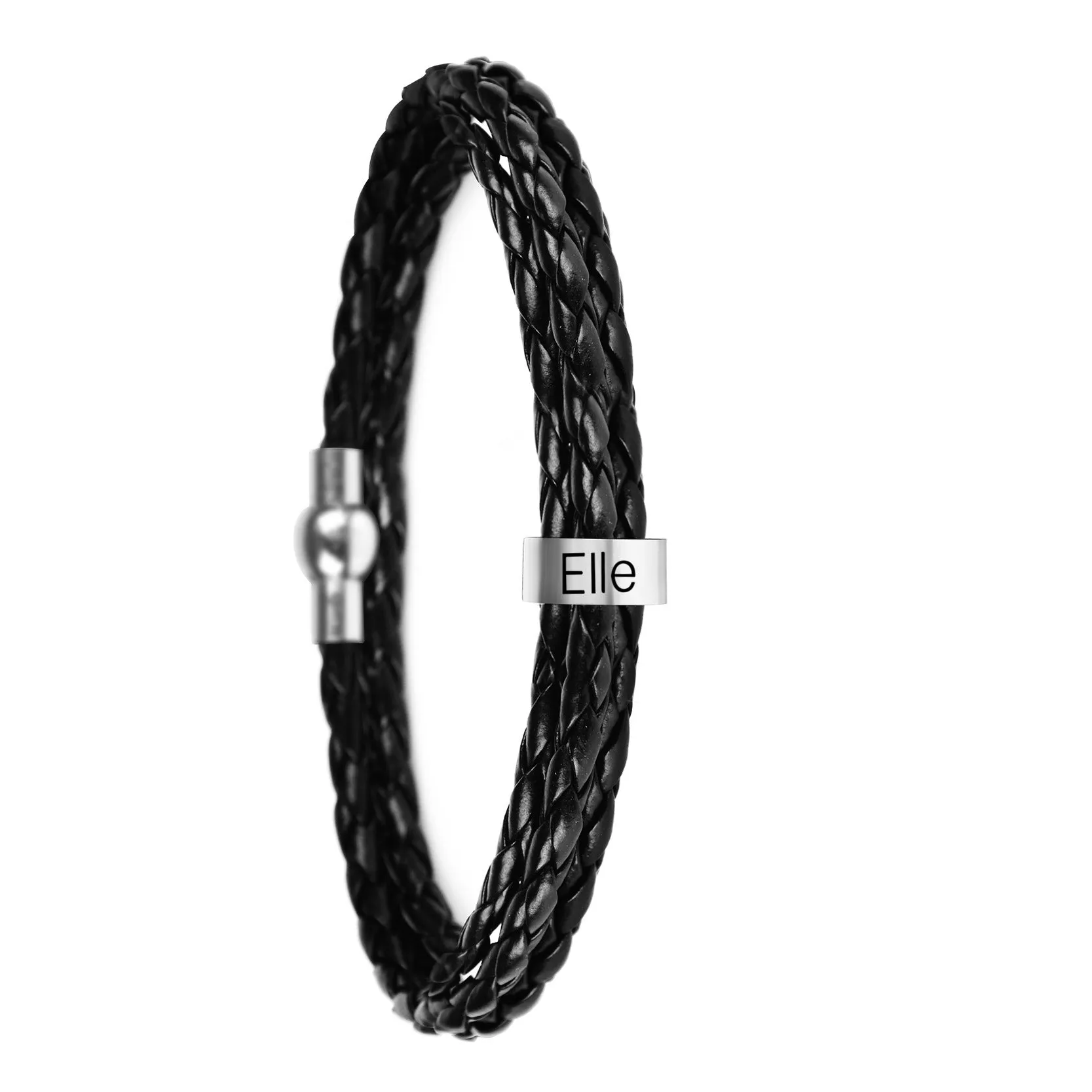 Black braided rope bracelet with stainless steel letter beads, 5mm height, 12mm diameter, 62cm length