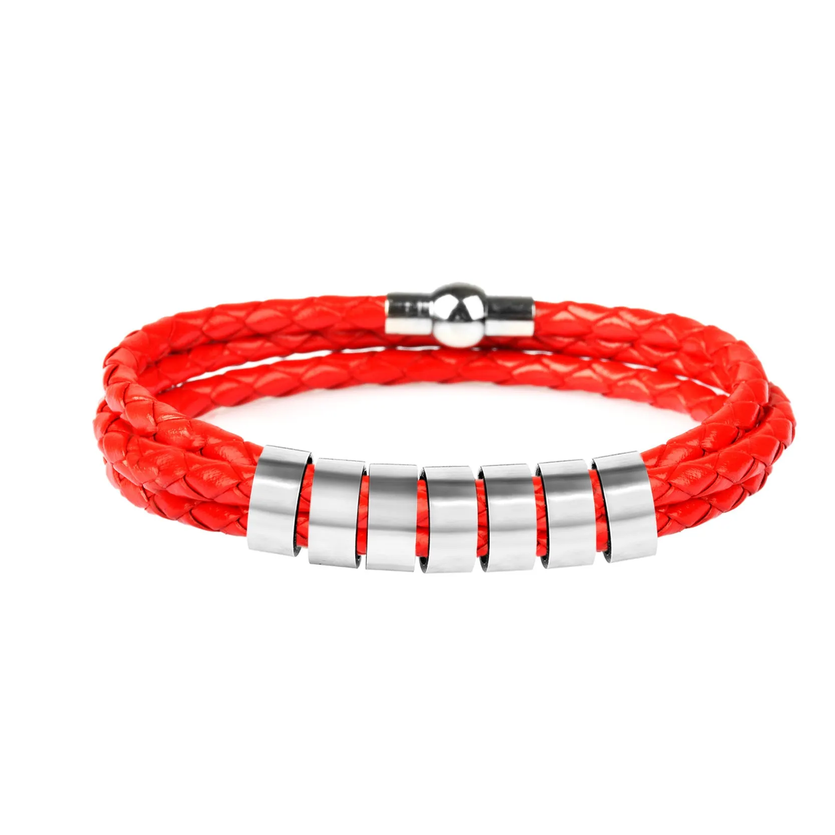 Black braided rope bracelet with stainless steel letter beads, 5mm height, 12mm diameter, 62cm length