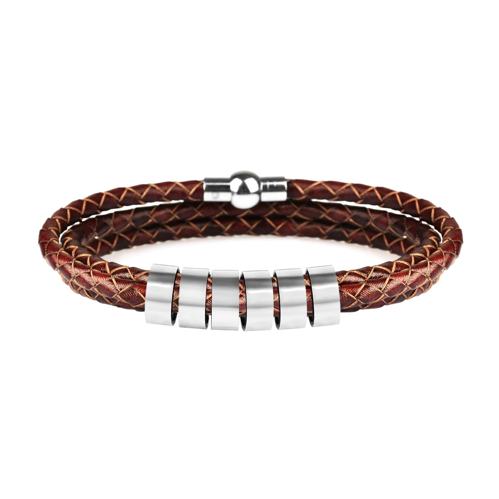 Black braided rope bracelet with stainless steel letter beads, 5mm height, 12mm diameter, 62cm length