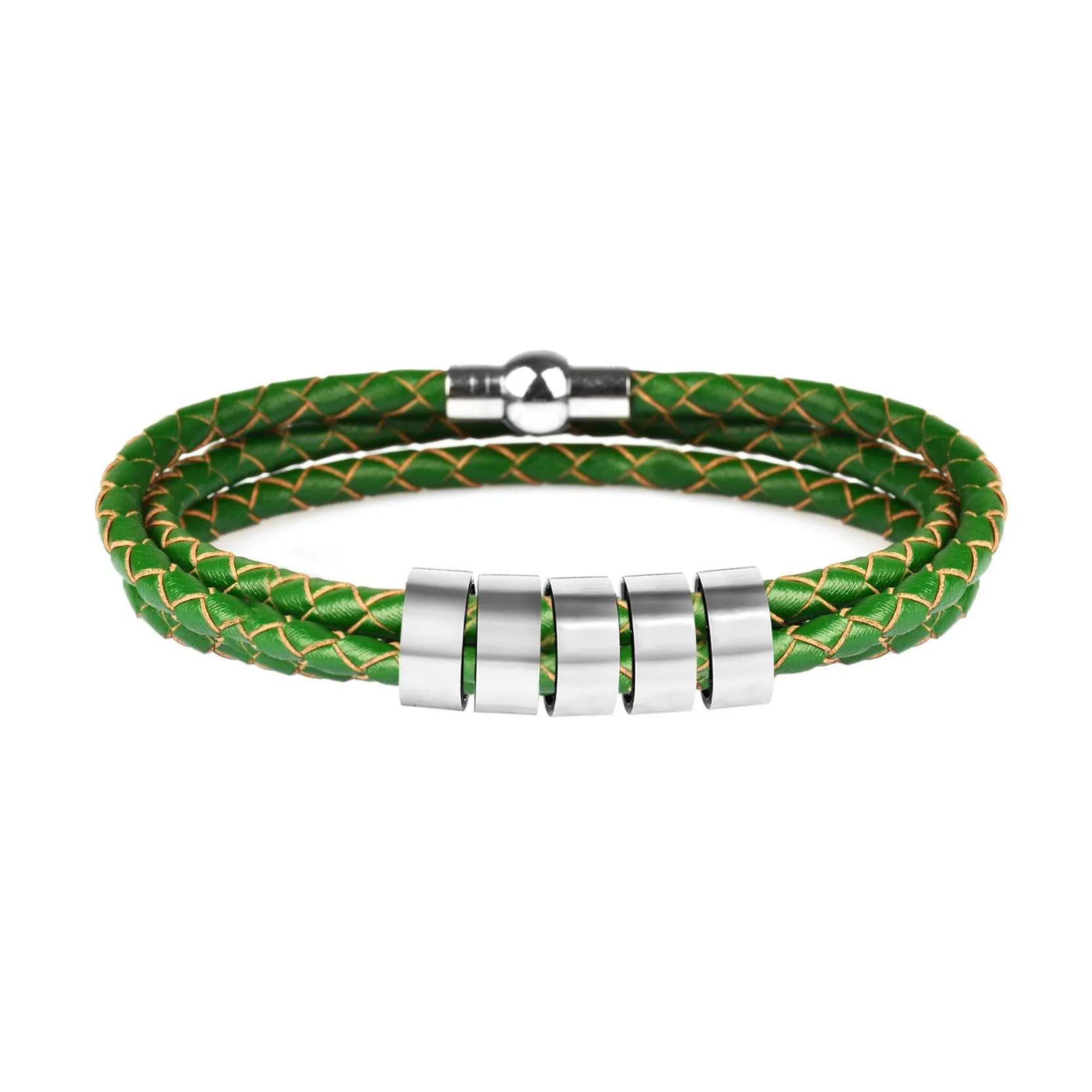 Black braided rope bracelet with stainless steel letter beads, 5mm height, 12mm diameter, 62cm length