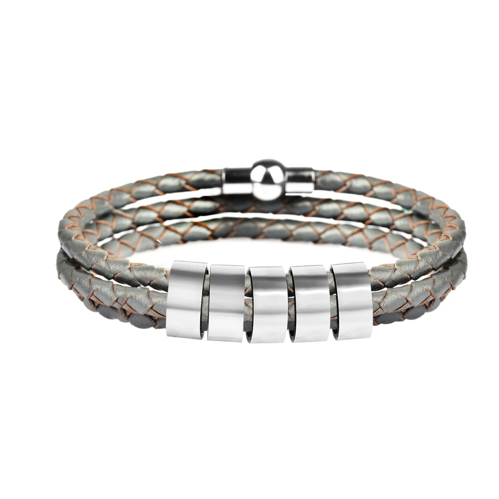 Black braided rope bracelet with stainless steel letter beads, 5mm height, 12mm diameter, 62cm length