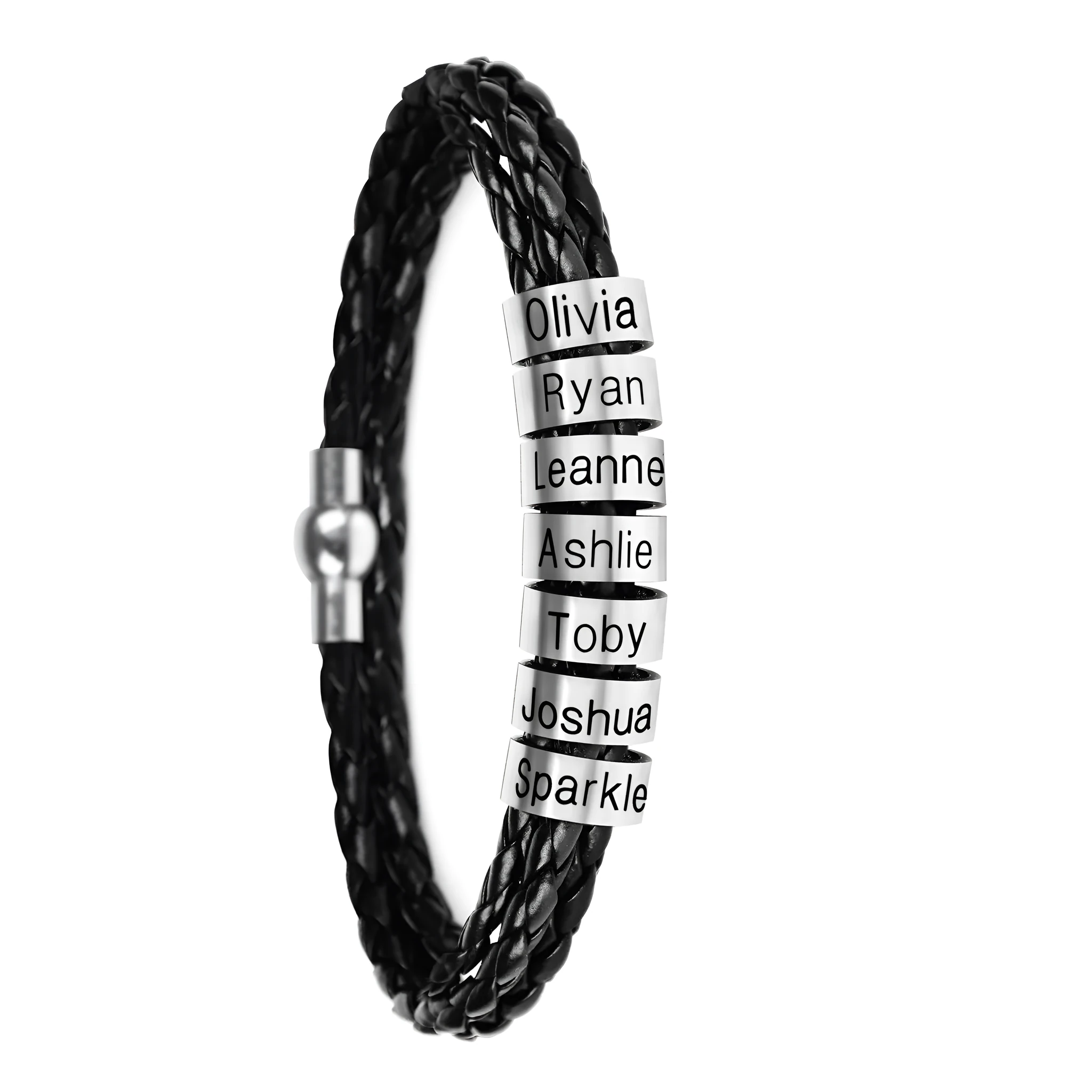 Black braided rope bracelet with stainless steel letter beads, 5mm height, 12mm diameter, 62cm length