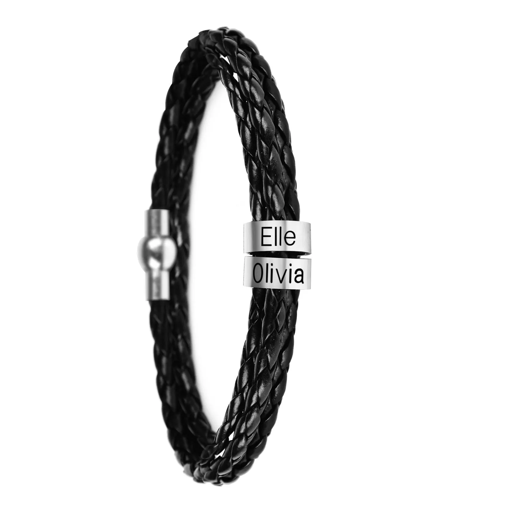 Black braided rope bracelet with stainless steel letter beads, 5mm height, 12mm diameter, 62cm length