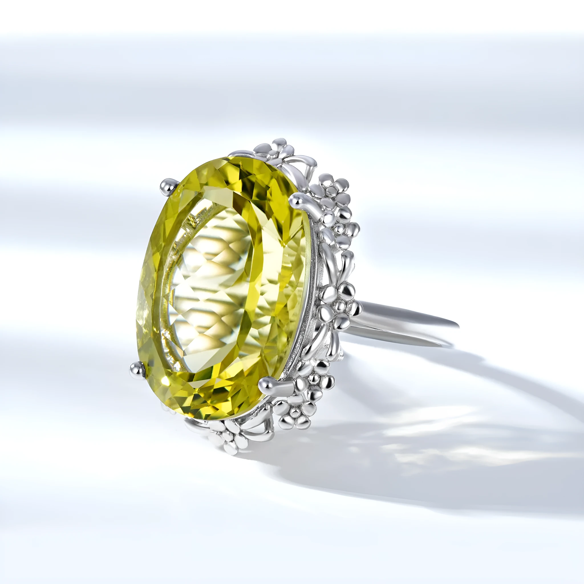 Natural lemon crystal ring S925 silver geometric design for women white colour size No.7