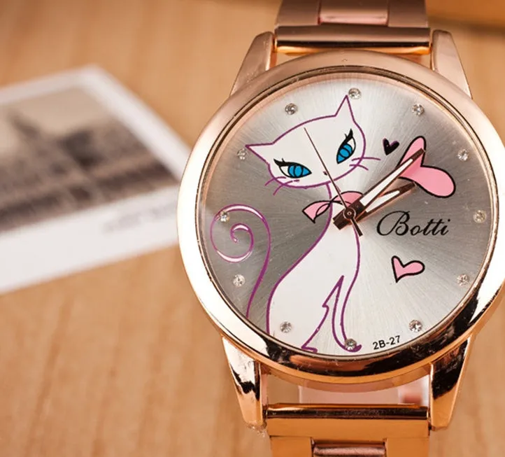 Rose gold quartz watch with white cat design on dial, alloy strap, and 40.5mm metal case