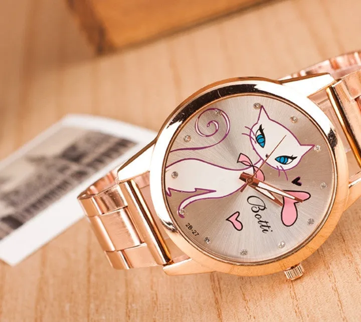 Rose gold quartz watch with white cat design on dial, alloy strap, and 40.5mm metal case