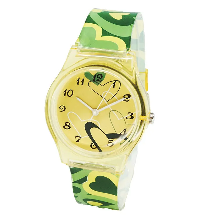 Cute girl quartz watch with animal print dial and pink PVC band on white background