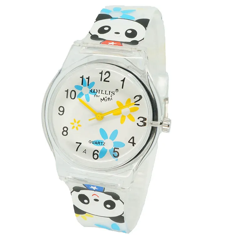 Cute girl quartz watch with animal print dial and pink PVC band on white background