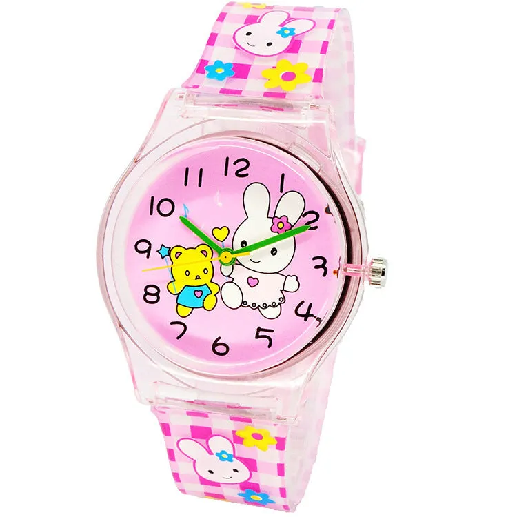 Cute girl quartz watch with animal print dial and pink PVC band on white background