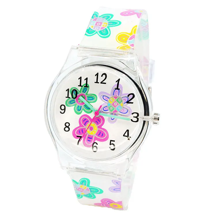 Cute girl quartz watch with animal print dial and pink PVC band on white background