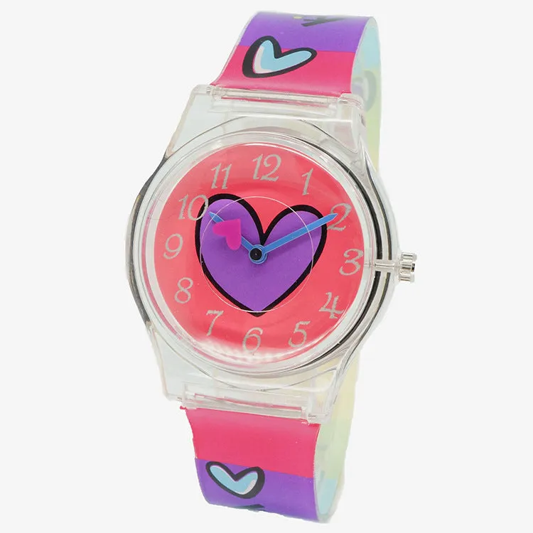Cute girl quartz watch with animal print dial and pink PVC band on white background