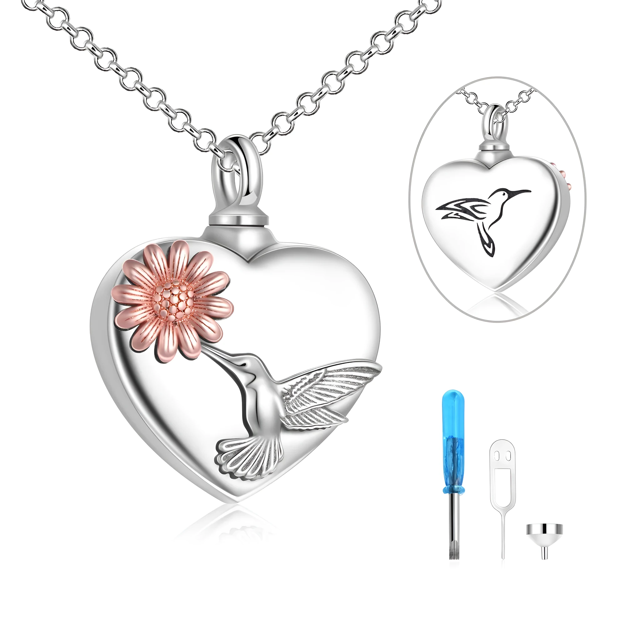Hummingbird heart sunflower urn necklace in 925 sterling silver with screw-top pendant and chain