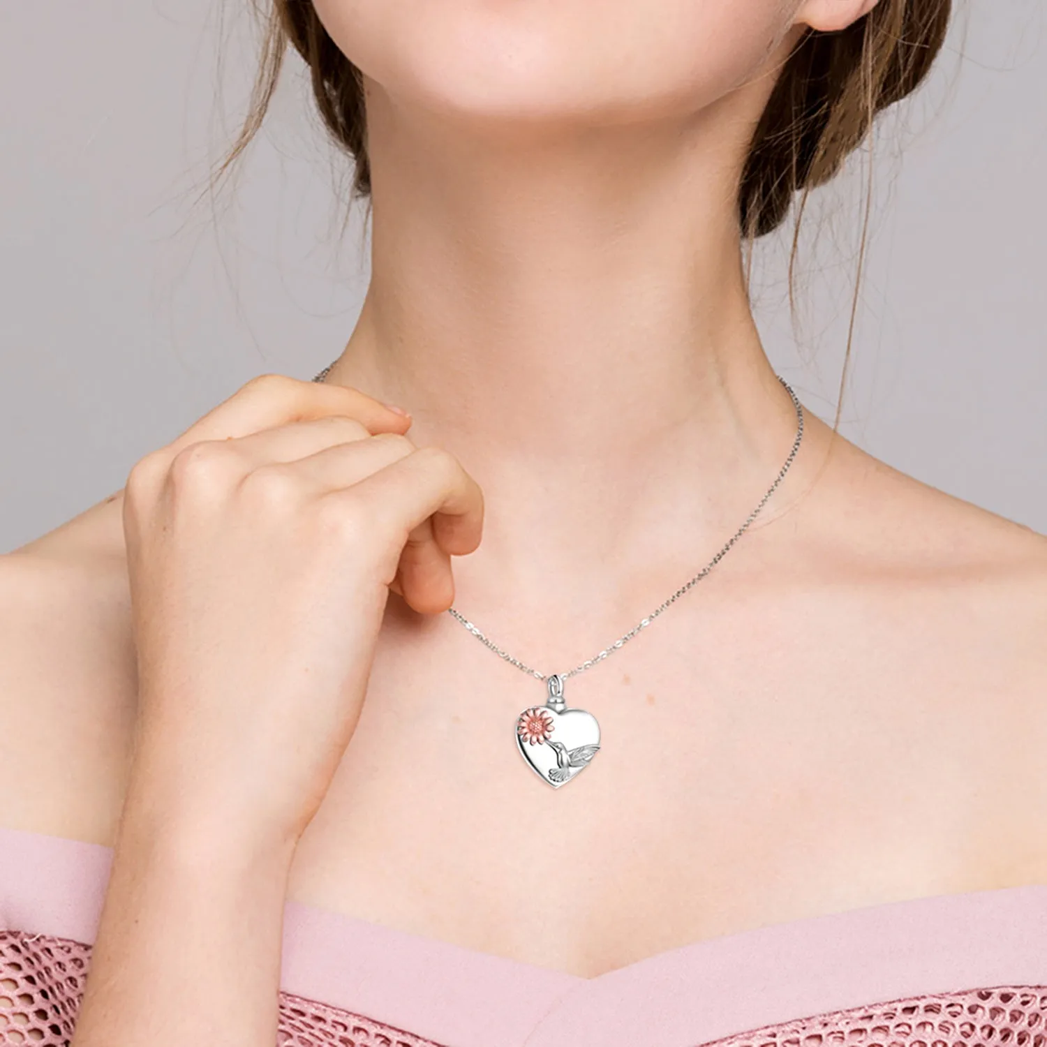 Hummingbird heart sunflower urn necklace in 925 sterling silver with screw-top pendant and chain