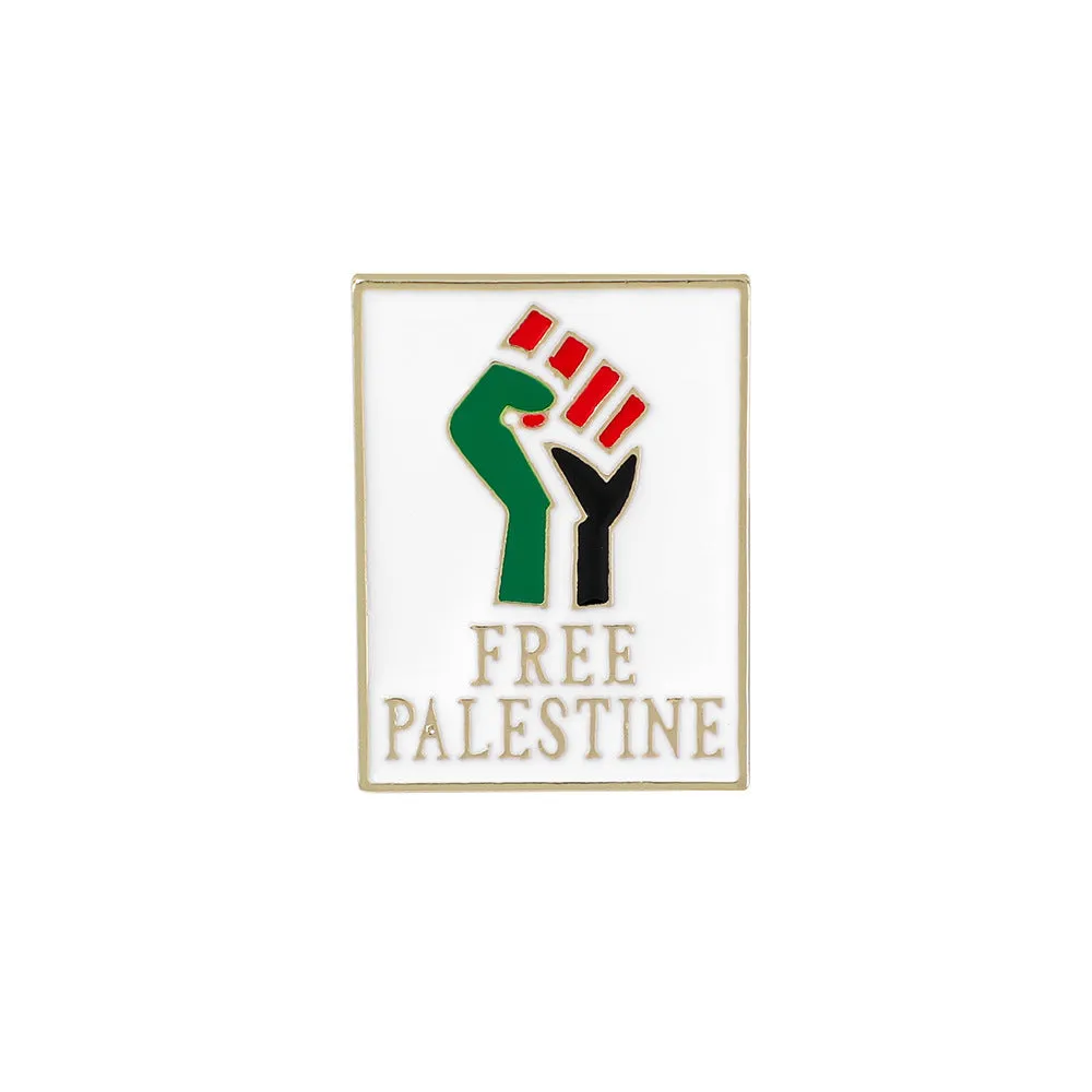 Square corrugated alloy brooch with Palestinian flag design on a neutral background