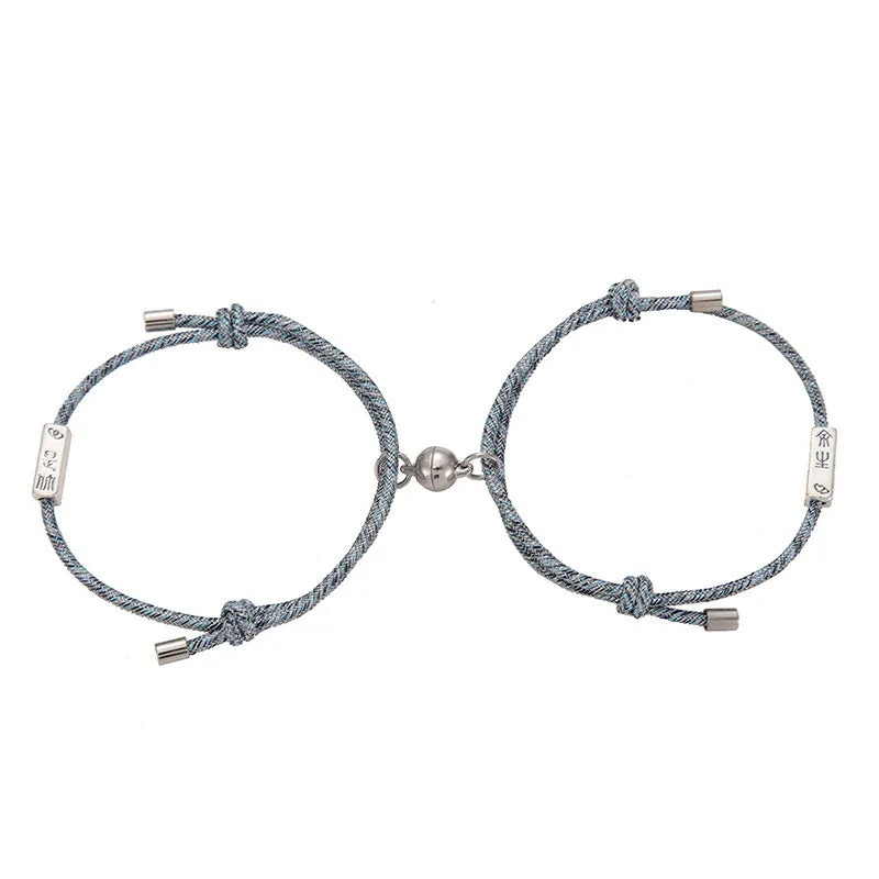 Alloy eachother couple bracelet set with magnetic buckle and carved mountains and rivers charm, adjustable size, colour beige black