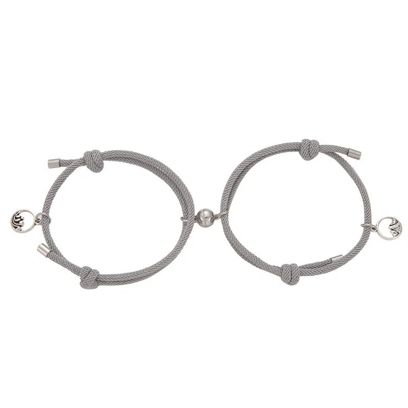 Alloy eachother couple bracelet set with magnetic buckle and carved mountains and rivers charm, adjustable size, colour beige black
