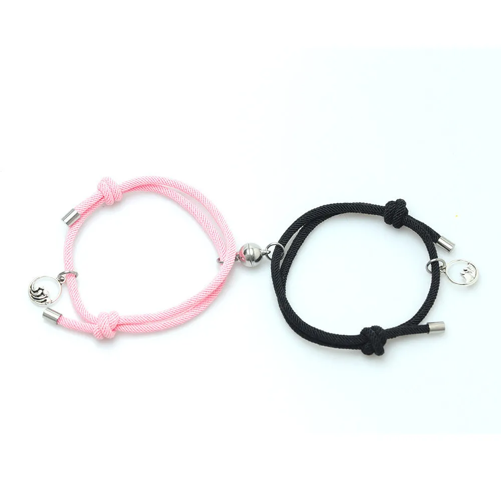 Alloy eachother couple bracelet set with magnetic buckle and carved mountains and rivers charm, adjustable size, colour beige black