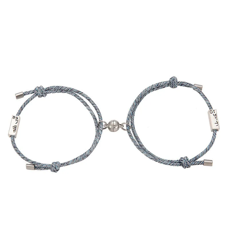 Alloy eachother couple bracelet set with magnetic buckle and carved mountains and rivers charm, adjustable size, colour beige black