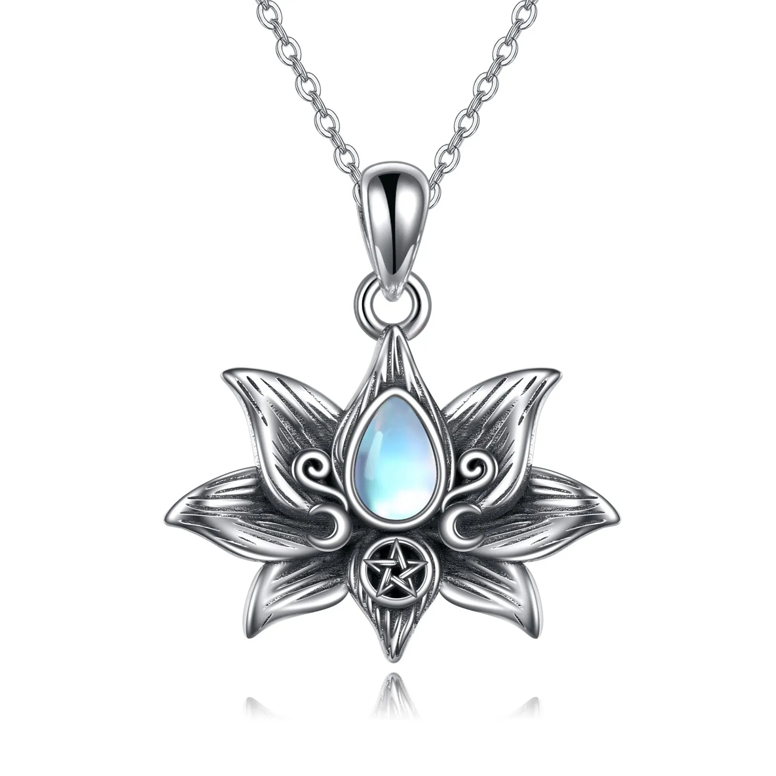 Sterling silver moonstone lotus flower pendant necklace on a calendered O-chain with retro silver finish