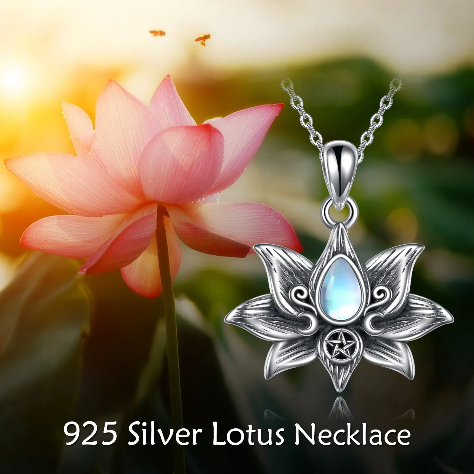 Sterling silver moonstone lotus flower pendant necklace on a calendered O-chain with retro silver finish