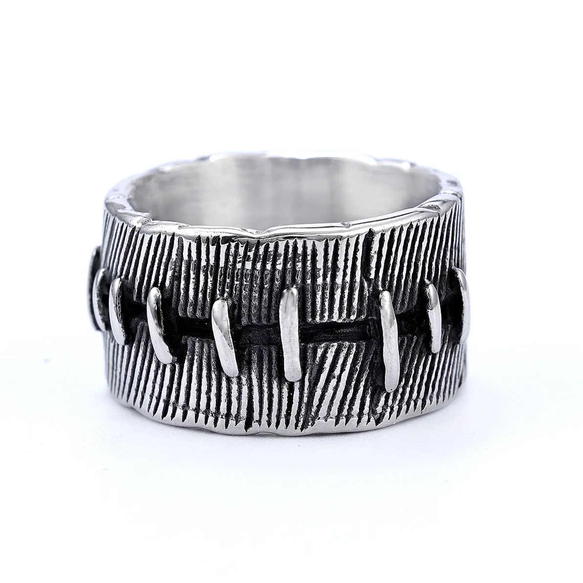 Geometric titanium steel dark punk double ring in a U-shape, shown in a retro colour.